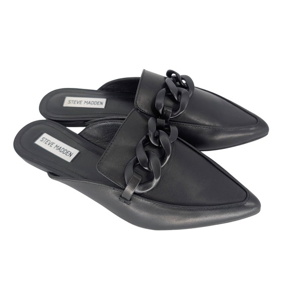 Steve Madden Shoes - Steve Madden Fleur Mule Women 9M Black Leather Pointed Toe Chain Flat Chic Edgy